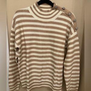 Olivia Sky Stripe Mock Neck Bejeweled Button Sweater-Large